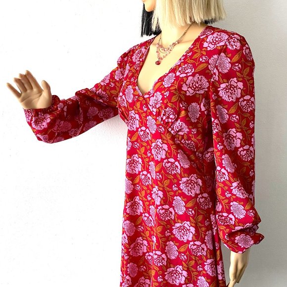 RedFloral Babydoll Minidress | NASTY GAL | Long Sleeve Fall Dress | Size 8 Dress - Picture 4 of 10